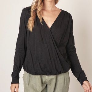 Black V Neck Surplice Blouse- L